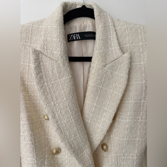 ZARA Cream Tweed Blazer | Double Breasted Gold Buttons | Chanel Style | Size S - Picture 9 of 11